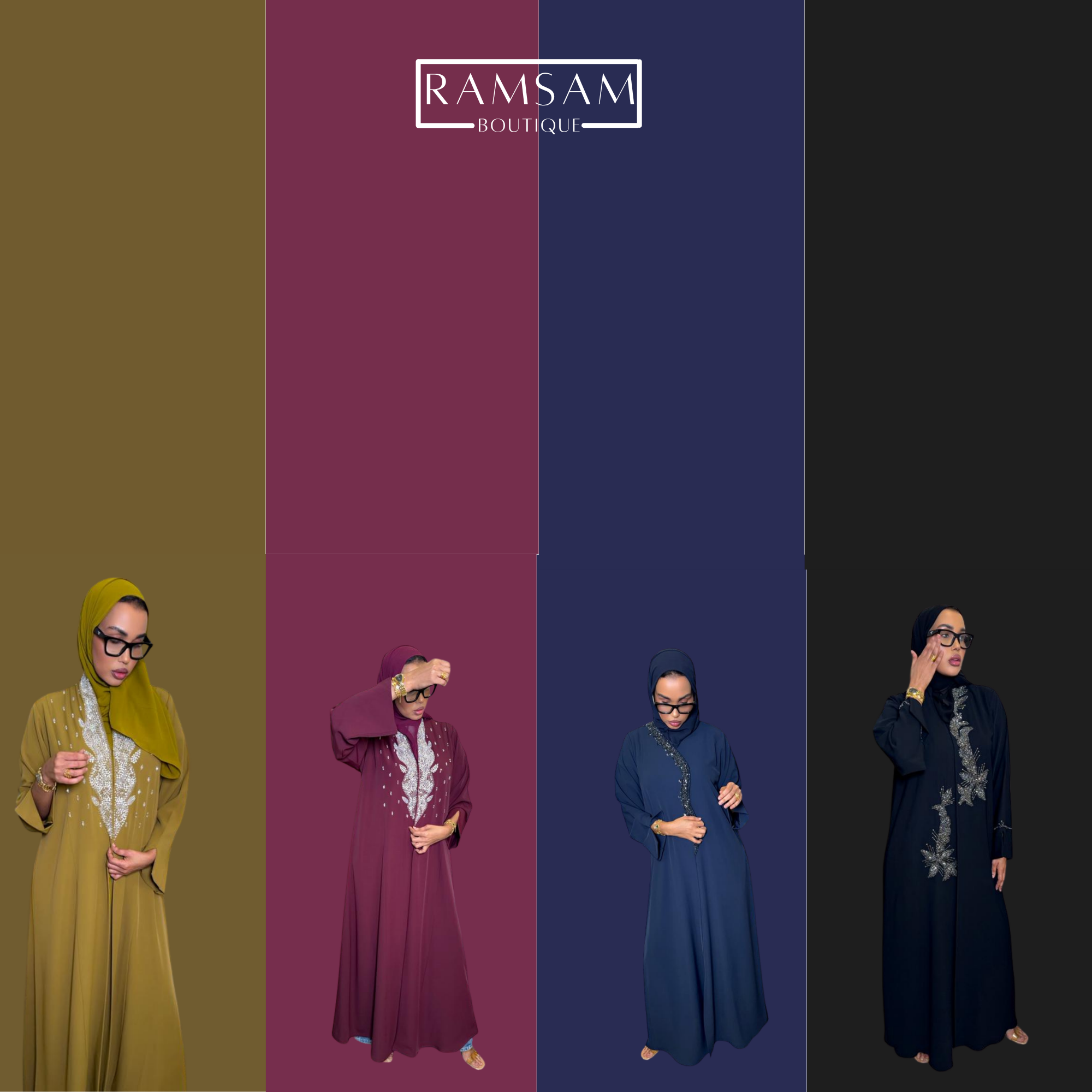 Four women modeling different colored abayas with Ramsam Boutique branding.