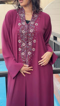 Deep Raspberry Burgundy Crystal Floral Abaya - Ramsam Boutique