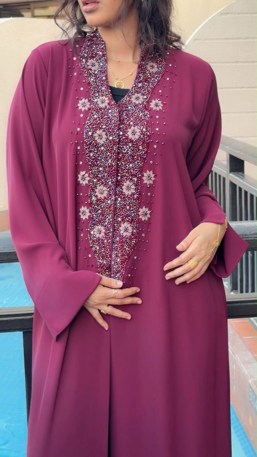 Deep Raspberry Burgundy Crystal Floral Abaya - Ramsam Boutique