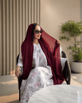 Elegant Blush Floral Abaya Set with Burgundy Chiffon Hijab - Ramsam Boutique