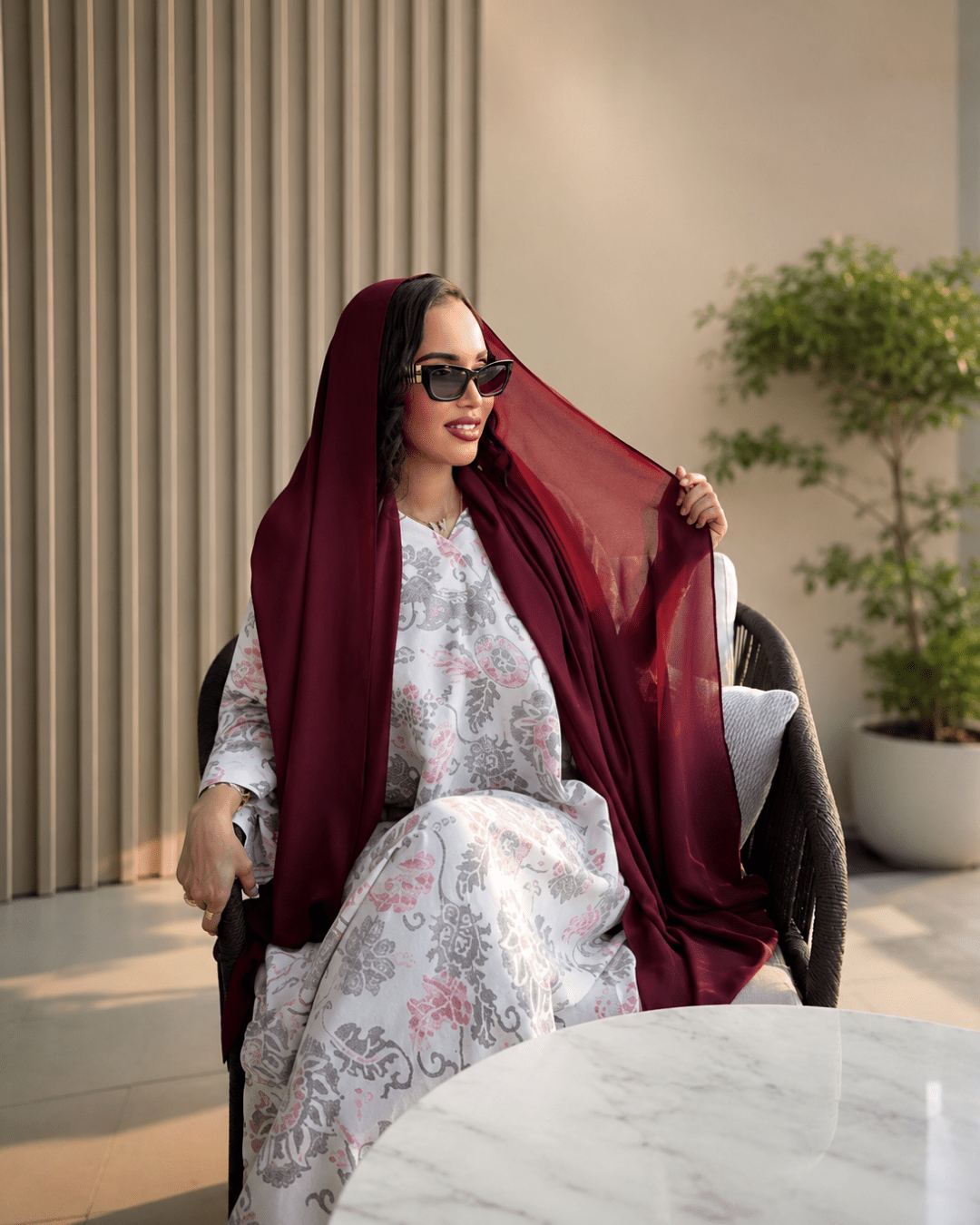 Elegant Blush Floral Abaya Set with Burgundy Chiffon Hijab - Ramsam Boutique