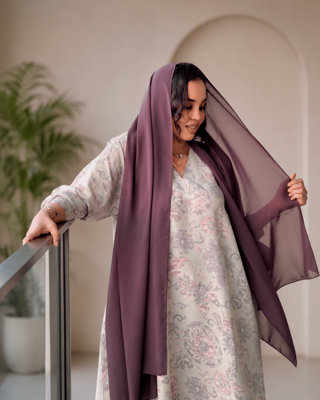 Elegant Mauve Hijab & Floral Abaya - Ramsam Boutique