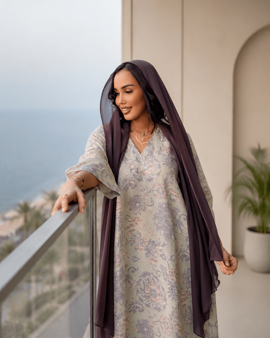 Elegant Mauve Hijab & Floral Abaya - Ramsam Boutique