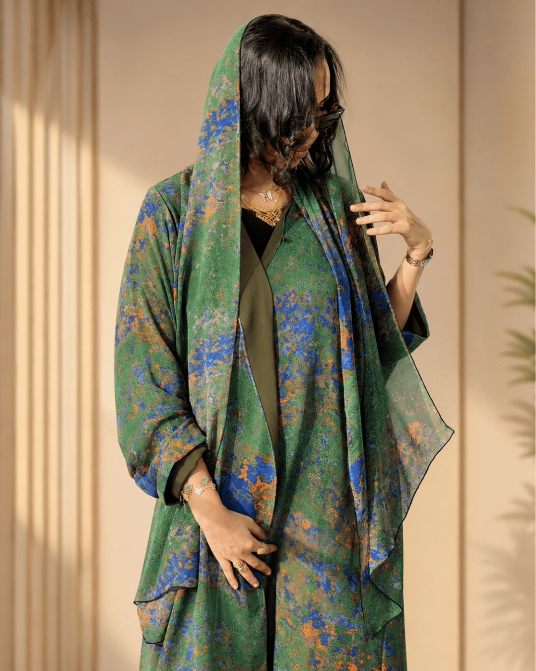 Emerald Mosaic Open Abaya Set with Matching Hijab - Ramsam Boutique
