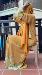 Golden Mustard & Champagne Lace Luxury Abaya - Ramsam Boutique
