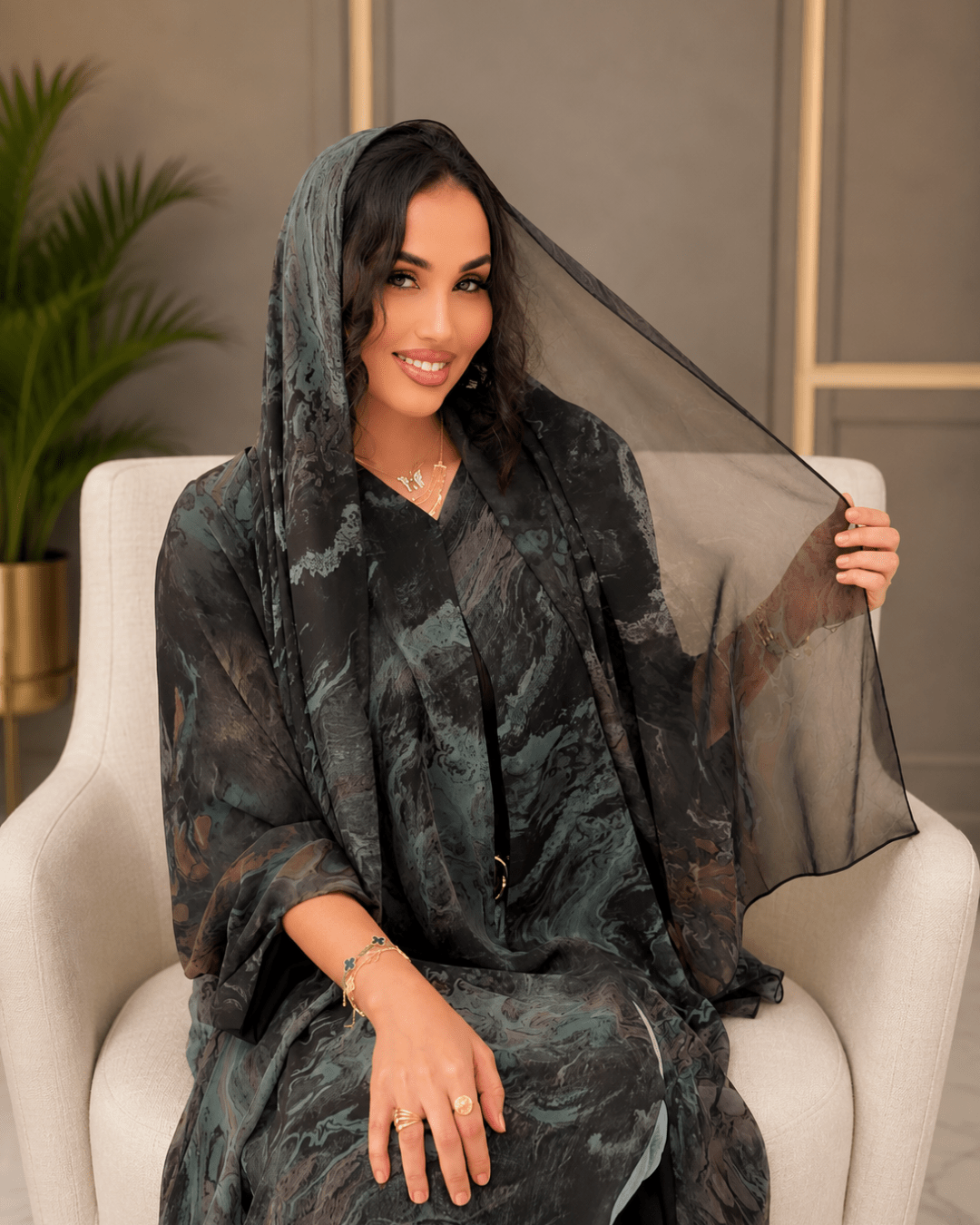 Midnight Marble Open Abaya Set with Matching Hijab - Ramsam Boutique