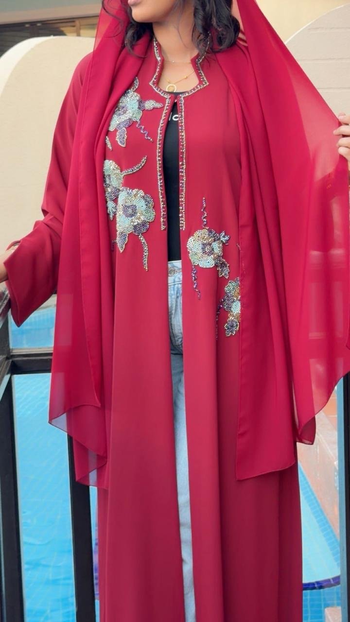 Royal Raspberry Red Floral Luxury Abaya - Ramsam Boutique