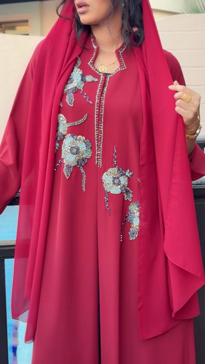 Royal Raspberry Red Floral Luxury Abaya - Ramsam Boutique