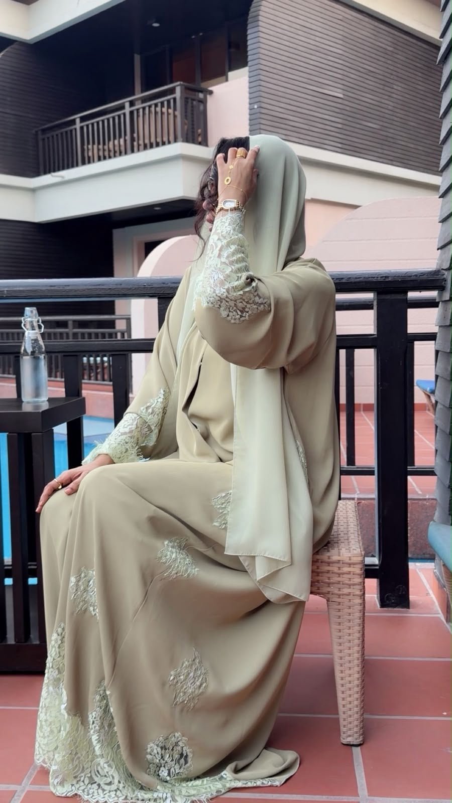 Sage Green & Ivory Floral Lace Abaya - Ramsam Boutique