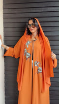 Sunset Orange Floral Embellished Luxury Abaya - Ramsam Boutique