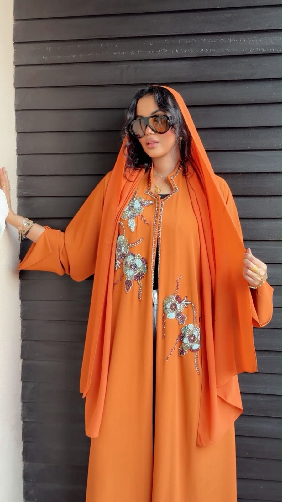 Sunset Orange Floral Embellished Luxury Abaya - Ramsam Boutique