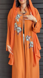 Sunset Orange Floral Embellished Luxury Abaya - Ramsam Boutique