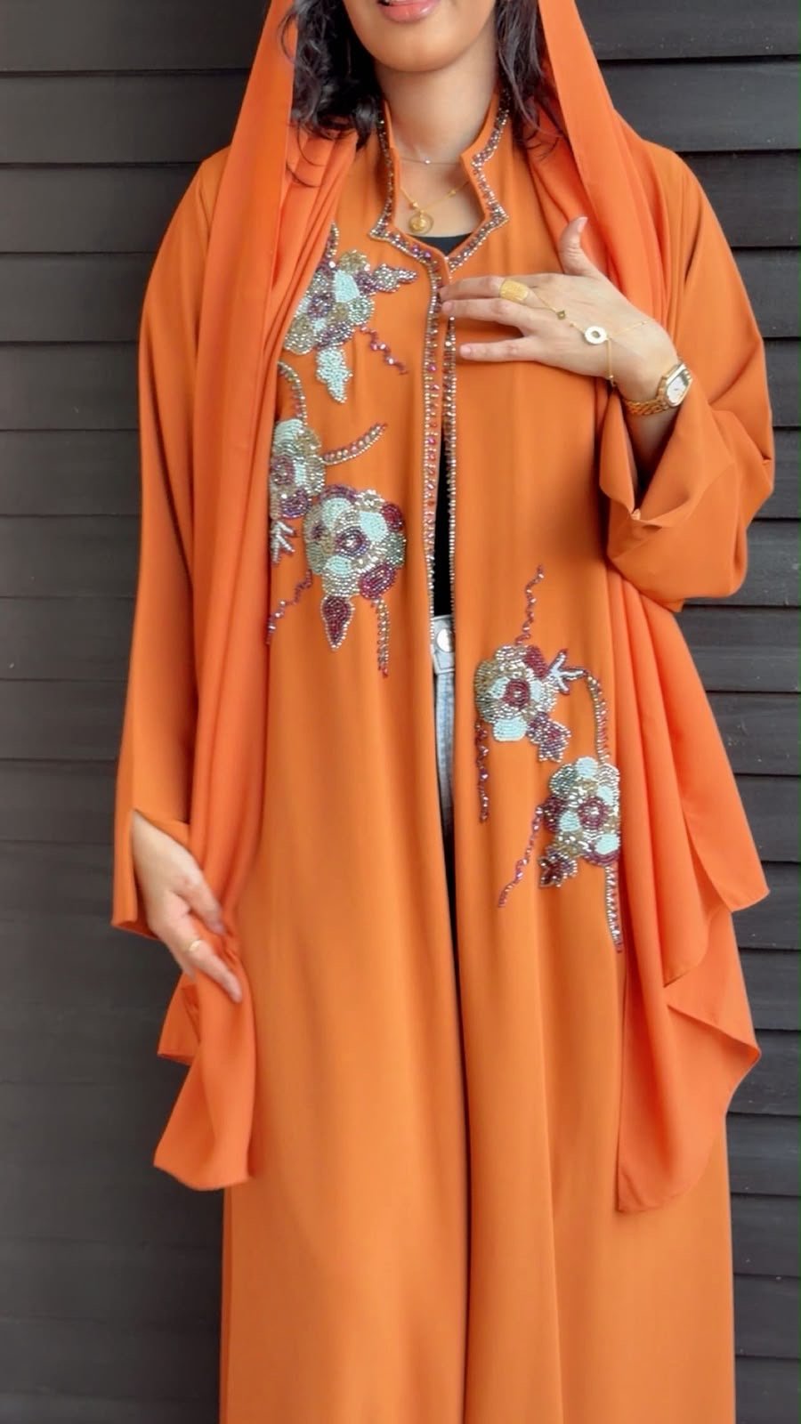 Sunset Orange Floral Embellished Luxury Abaya - Ramsam Boutique